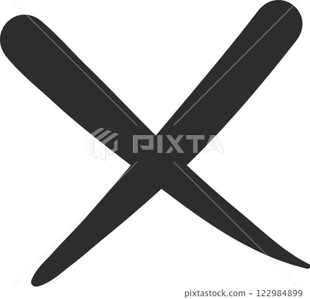 Two thick gray brushstrokes are crossing each other, forming a large X shape with rounded ends on a clean white background, creating negative space 122984899
