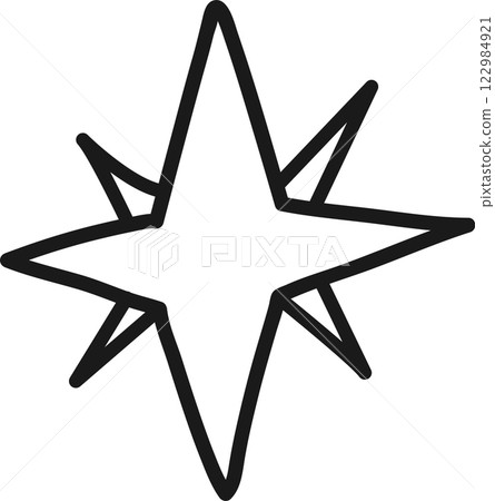 Simple, hand drawn eight pointed star shines brightly with a thick black outline against a clean white background, creating a bold and eye catching graphic element 122984921