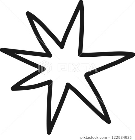 Hand drawn eight pointed star, featuring a simple and elegant design, stands out against a white background, adding a whimsical touch to various creative projects and designs 122984925