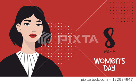 Women's Day March 8 poster. Stylish Cute Woman. Modern Minimalist Female Portrait on red background. Holiday Horizontal Banner. Vector illustration Women's Day March 8 poster. Stylish Cute Woman. Modern Minimalist Female Portrait on red background. Holiday Horizontal Banner. Vector illustration 122984947