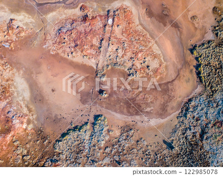 Capturing the vibrant geothermal landscape near Grindavik, Iceland with a drone, highlighting the distinct soil patterns and textures 122985078