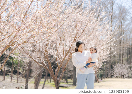 Mother and daughter playing in a cherry blossom park Mother and daughter playing in a cherry blossom park 122985109