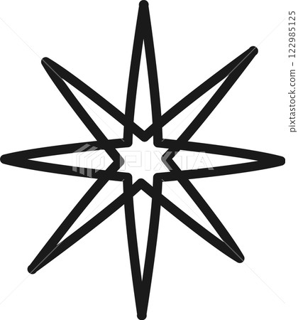Bold black outline forming an eight pointed star with a smaller star at its center, creating a striking visual on a clean white backdrop, ideal for impactful design projects 122985125