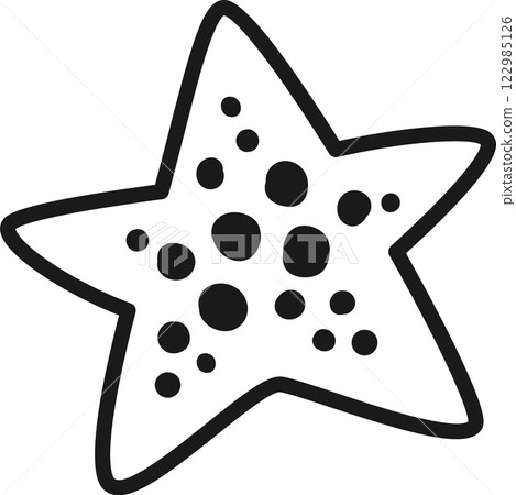 Hand drawn five pointed starfish with a black outline and spots, isolated on white, perfect for children s books and educational projects featuring marine life Hand drawn five pointed starfish with a black outline and spots, isolated on white, perfect for children s books and educational projects featuring marine life 122985126