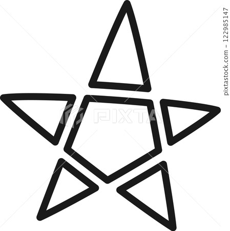 Simple geometric illustration of a five pointed star created by combining five triangles, forming a pentagon in its center, drawn with a thick black outline on a white background 122985147