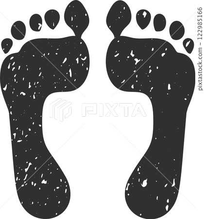 Two black human footprints with toes pointing forward are visible on a white background, creating a simple yet evocative image of human presence 122985166