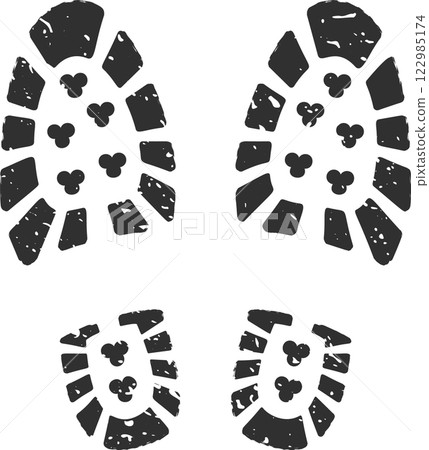 Four worn bootprints creating a grunge trail on a white background, representing a journey filled with exploration and adventure, leaving a distinct mark on the path behind Four worn bootprints creating a grunge trail on a white background, representing a journey filled with exploration and adventure, leaving a distinct mark on the path behind 122985174
