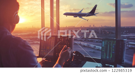 Air traffic controller monitoring airplane takeoff at sunset 122985319