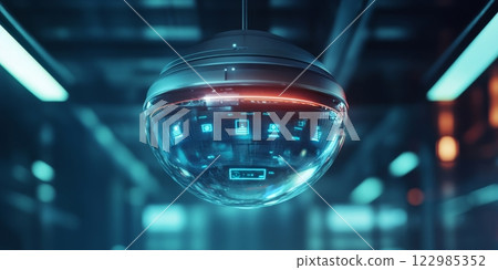 Futuristic surveillance system monitoring cyberpunk environment with digital interface 122985352