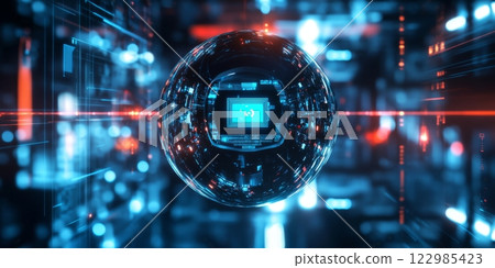 Futuristic surveillance sphere monitoring cyberpunk cityscape with neon matrix background 122985423