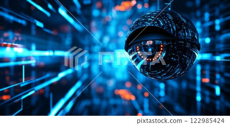 Cyberpunk surveillance, futuristic dome camera monitoring neon cityscape Cyberpunk surveillance, futuristic dome camera monitoring neon cityscape 122985424