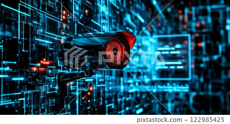 Sleek surveillance dome camera monitoring cyberpunk matrix background Sleek surveillance dome camera monitoring cyberpunk matrix background 122985425