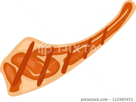 Grilled lamb chop with bone presenting grill marks on white background, simple flat design illustration, suitable for food and restaurant concepts 122985453