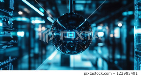 Futuristic surveillance system monitoring digital environment in cyberpunk style 122985491
