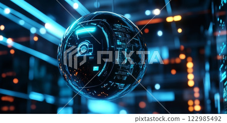 Futuristic surveillance camera monitors cyberpunk cityscape with neon lights Futuristic surveillance camera monitors cyberpunk cityscape with neon lights 122985492