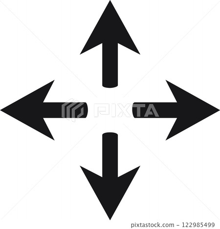 Four thick black arrows pointing in all directionsup, down, left, and rightconverging at the center, representing choices, navigation, and diverse paths to explore 122985499