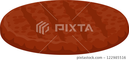 Delicious grilled burger patty with prominent grill marks, representing a classic American cuisine staple, ready to be served in a burger or enjoyed on its own 122985516