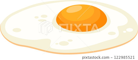 Cartoon illustration of a single fried egg showing a bright orange circular yolk surrounded by cooked egg white, creating a simple yet appealing visual of a classic breakfast food 122985521