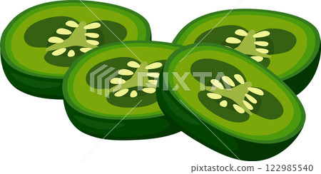 Four slices of jalapeno peppers arranged on a white background, showcasing seeds and vibrant green color, ideal for food and culinary projects Four slices of jalapeno peppers arranged on a white background, showcasing seeds and vibrant green color, ideal for food and culinary projects 122985540