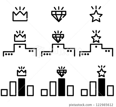 Simple podium, bar graph and crown, diamond and star icon set Simple podium, bar graph and crown, diamond and star icon set 122985612
