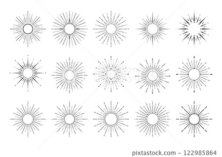 Hand drawn sunburst designs with geometric and vintage aesthetics 122985864