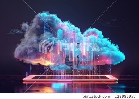 Futuristic 3D isometric digital cloud with glowing lights, a cityscape, and circuit patterns on a black background, symbolizing digital innovation Futuristic 3D isometric digital cloud with glowing lights, a cityscape, and circuit patterns on a black background, symbolizing digital innovation 122985953