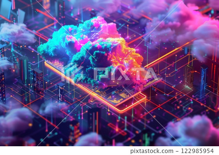 Futuristic 3D isometric digital cloud with glowing lights, a cityscape, and circuit patterns on a black background, symbolizing digital innovation Futuristic 3D isometric digital cloud with glowing lights, a cityscape, and circuit patterns on a black background, symbolizing digital innovation 122985954