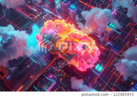 Futuristic 3D isometric digital cloud with glowing lights, a cityscape, and circuit patterns on a black background, symbolizing digital innovation Futuristic 3D isometric digital cloud with glowing lights, a cityscape, and circuit patterns on a black background, symbolizing digital innovation 122985955