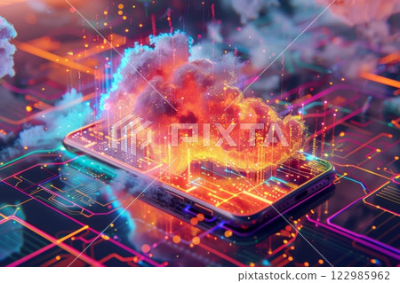 Futuristic 3D isometric digital cloud with glowing lights, a cityscape, and circuit patterns on a black background, symbolizing digital innovation 122985962