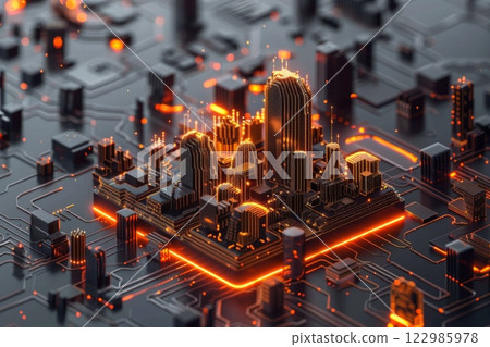 Futuristic 3D isometric digital cloud with glowing lights, a cityscape, and circuit patterns on a black background, symbolizing digital innovation Futuristic 3D isometric digital cloud with glowing lights, a cityscape, and circuit patterns on a black background, symbolizing digital innovation 122985978