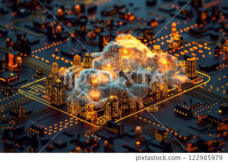 Futuristic 3D isometric digital cloud with glowing lights, a cityscape, and circuit patterns on a black background, symbolizing digital innovation 122985979