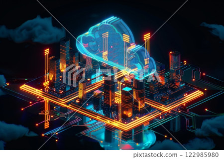 Futuristic 3D isometric digital cloud with glowing lights, a cityscape, and circuit patterns on a black background, symbolizing digital innovation 122985980