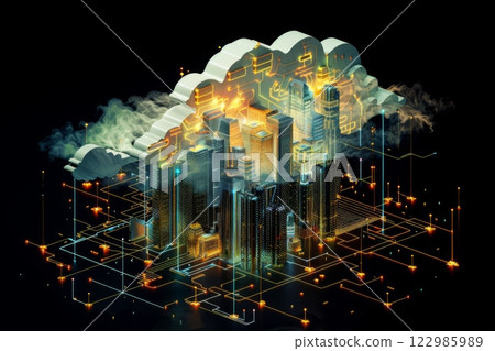 Futuristic 3D isometric digital cloud with glowing lights, a cityscape, and circuit patterns on a black background, symbolizing digital innovation Futuristic 3D isometric digital cloud with glowing lights, a cityscape, and circuit patterns on a black background, symbolizing digital innovation 122985989