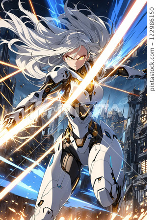 Beautiful girl in a robot suit fighting in the light 122986150