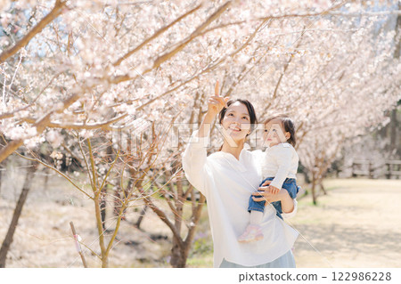 Mother and daughter watching cherry blossoms 122986228