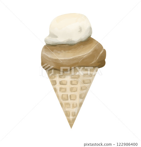 Watercolor Illustration with Vanilla and Chocolate Ice Cream Cone, Clipart Template for Print, Web Advertising, Textile 122986400