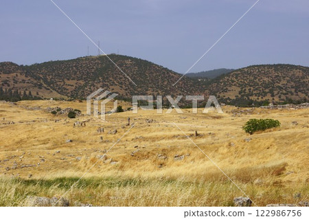 Scenery of Hierapolis ruins in Pamukkale, Türkiye 122986756