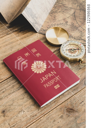 Passport, compass and map - Image of overseas travel 122986868