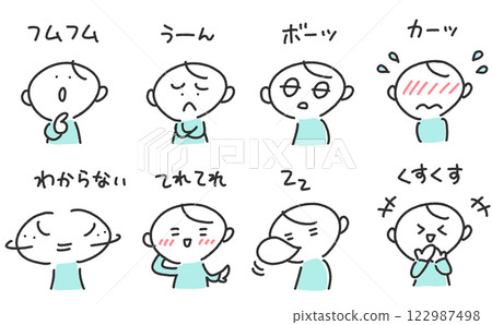 A set of various expressions of men's emotions: Hum hum, embarrassed, blank-minded, giggling A set of various expressions of men's emotions: Hum hum, embarrassed, blank-minded, giggling 122987498