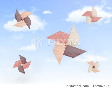 3DCG scenery of a wooden windmill floating in the blue sky 122987523