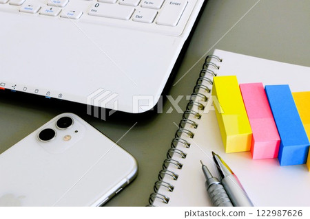 Business image: PC and smartphone, writing utensils, sticky notes Business image: PC and smartphone, writing utensils, sticky notes 122987626