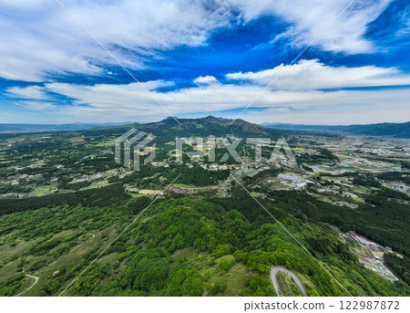 Panoramic aerial view of the foothills of Mt. Aso 122987872