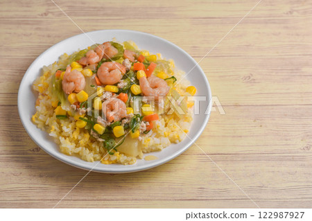 Shrimp fried rice with thickened sauce Shrimp fried rice with thickened sauce 122987927