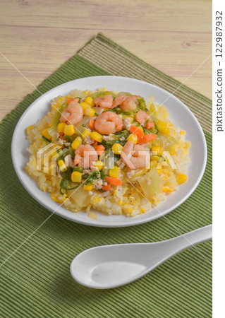 Shrimp fried rice with thickened sauce Shrimp fried rice with thickened sauce 122987932