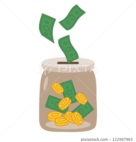 Money box glass jar filled with gold coins Money box glass jar filled with gold coins 122987963