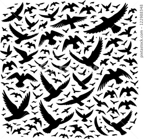 vector silhouettes of birds silhouettes, Flock of flying birds silhouette vector, Flying bird black silhouette vector set 122988348