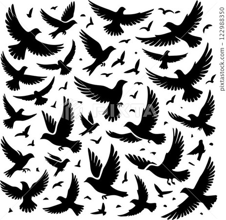vector silhouettes of birds silhouettes, Flock of flying birds silhouette vector, Flying bird black silhouette vector set 122988350