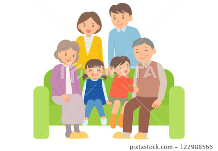 Smiling three-generation family sitting on the sofa 122988566
