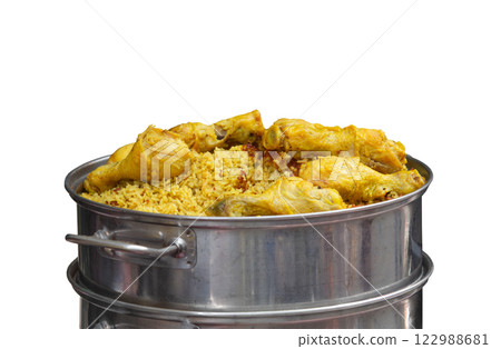 Chicken Biryani with basmat rice and Ingredients on white background. Chicken Biryani with basmat rice and Ingredients on white background. 122988681