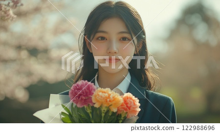 High school girl with bouquet 122988696